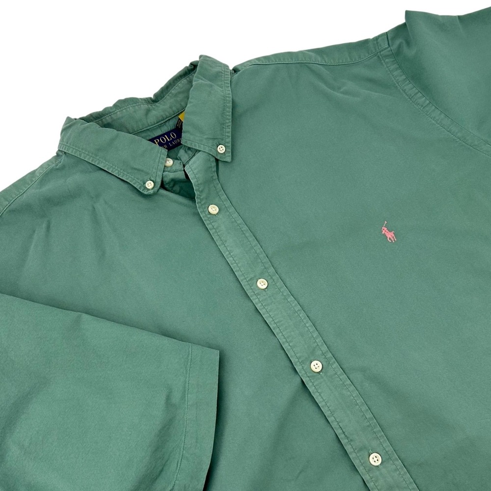 Polo Ralph Lauren Mens 3XLT Green Short Sleeve Button Down Shirt Pink Pony Logo